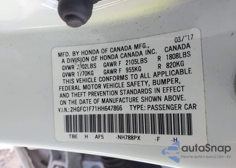 2017 Honda Civic Ex-L из США, поврежденный, VIN 2HGFC1F71HH647866